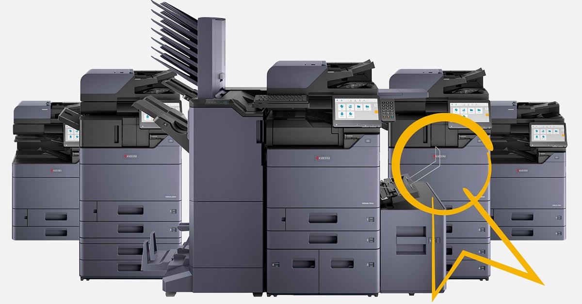 Line up of Kyocera TASKalfa range with a yellow award gesture