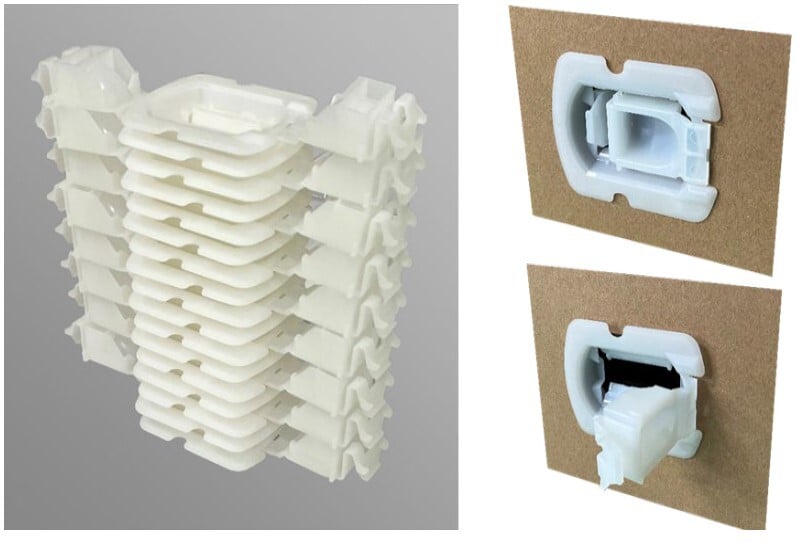 Stacked view of joint parts and before and after pictures of joint parts installed in a box