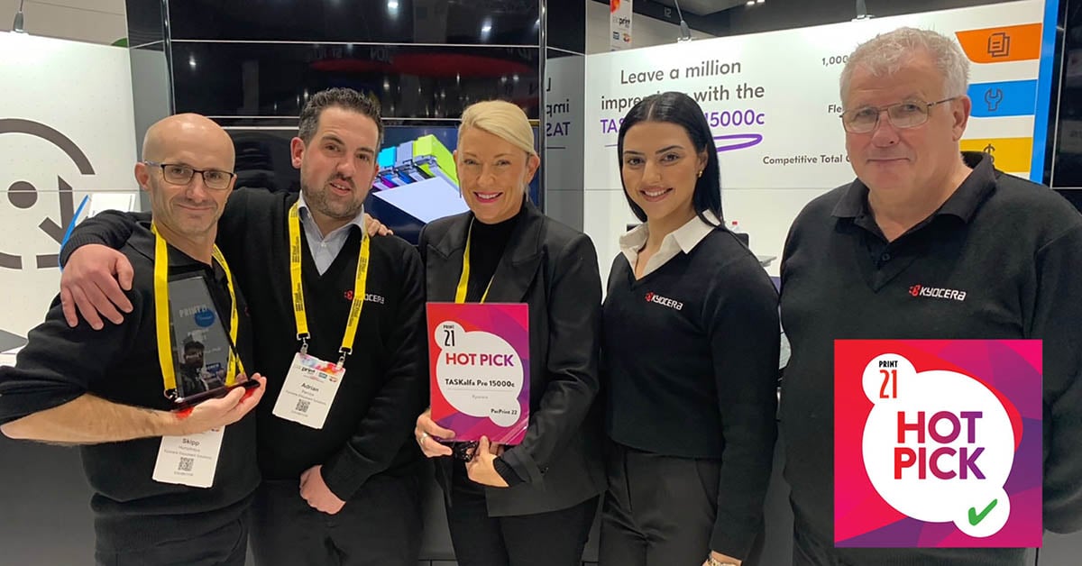 Kyocera team winging the Print21 Hot Pick at PacPrint